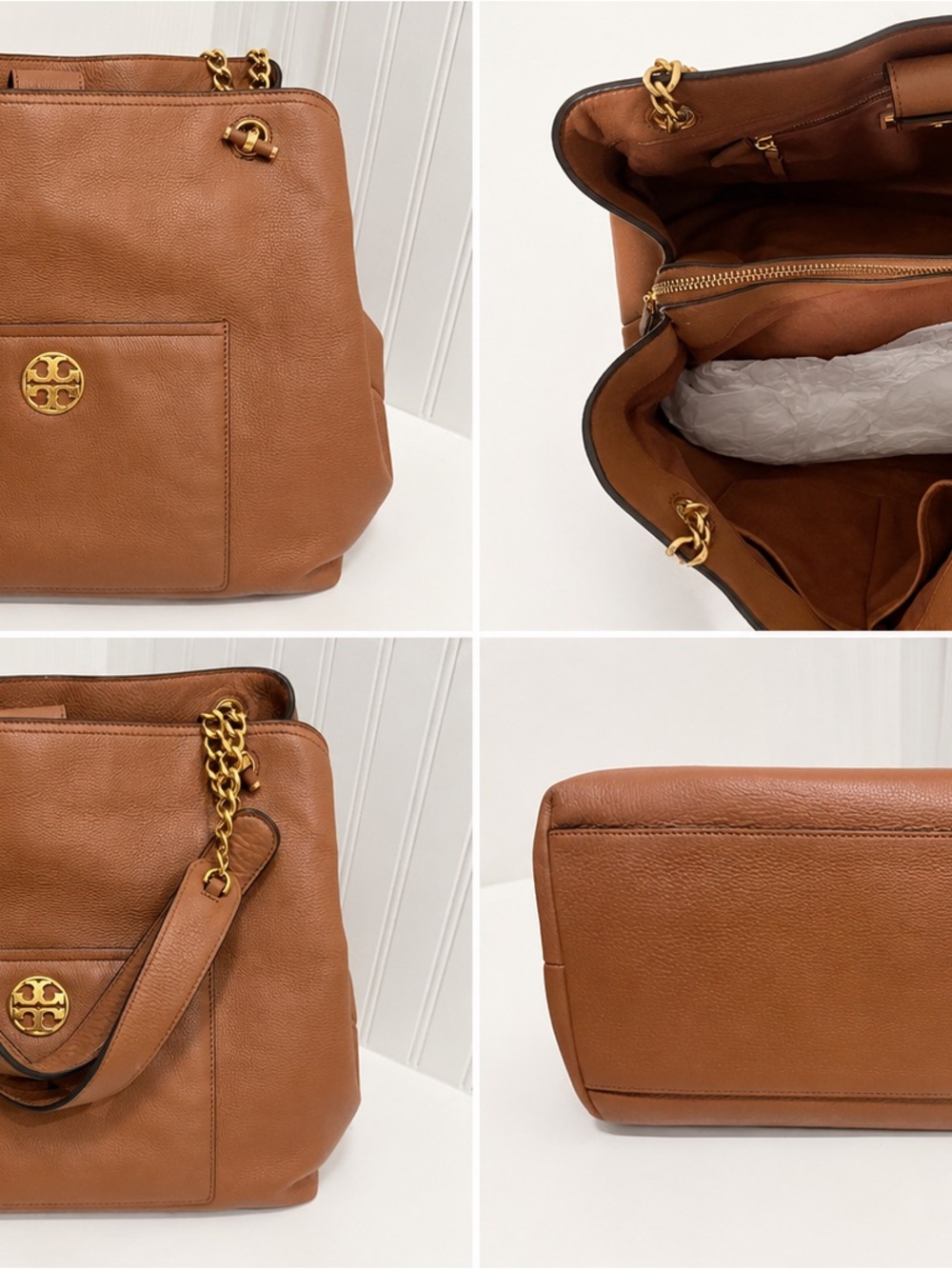 Tory Burch Britten Small Slouchy Tote Bark Brown Pebbled Leather